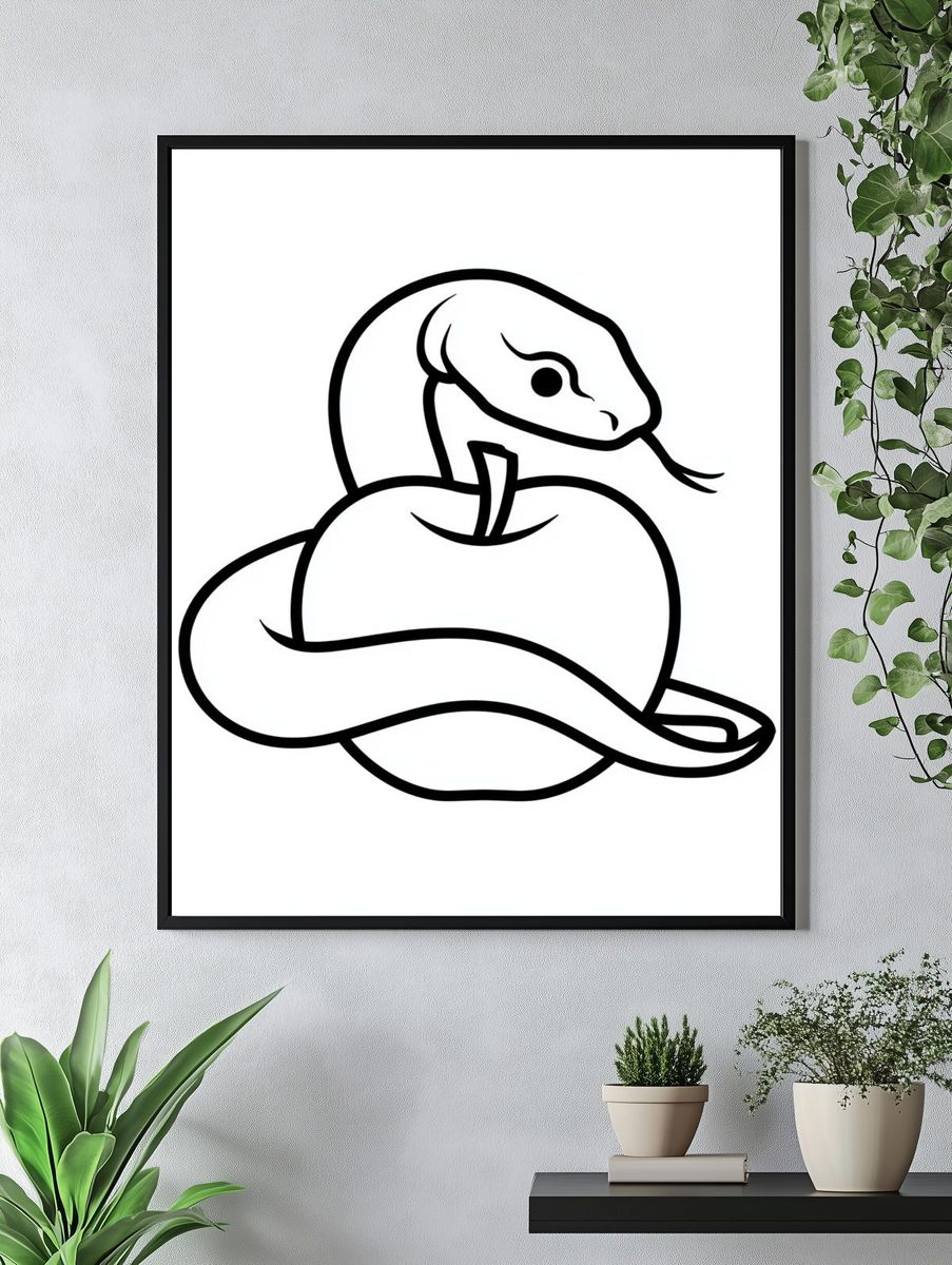 Snake and Apple Line Art Poster. — room view 4