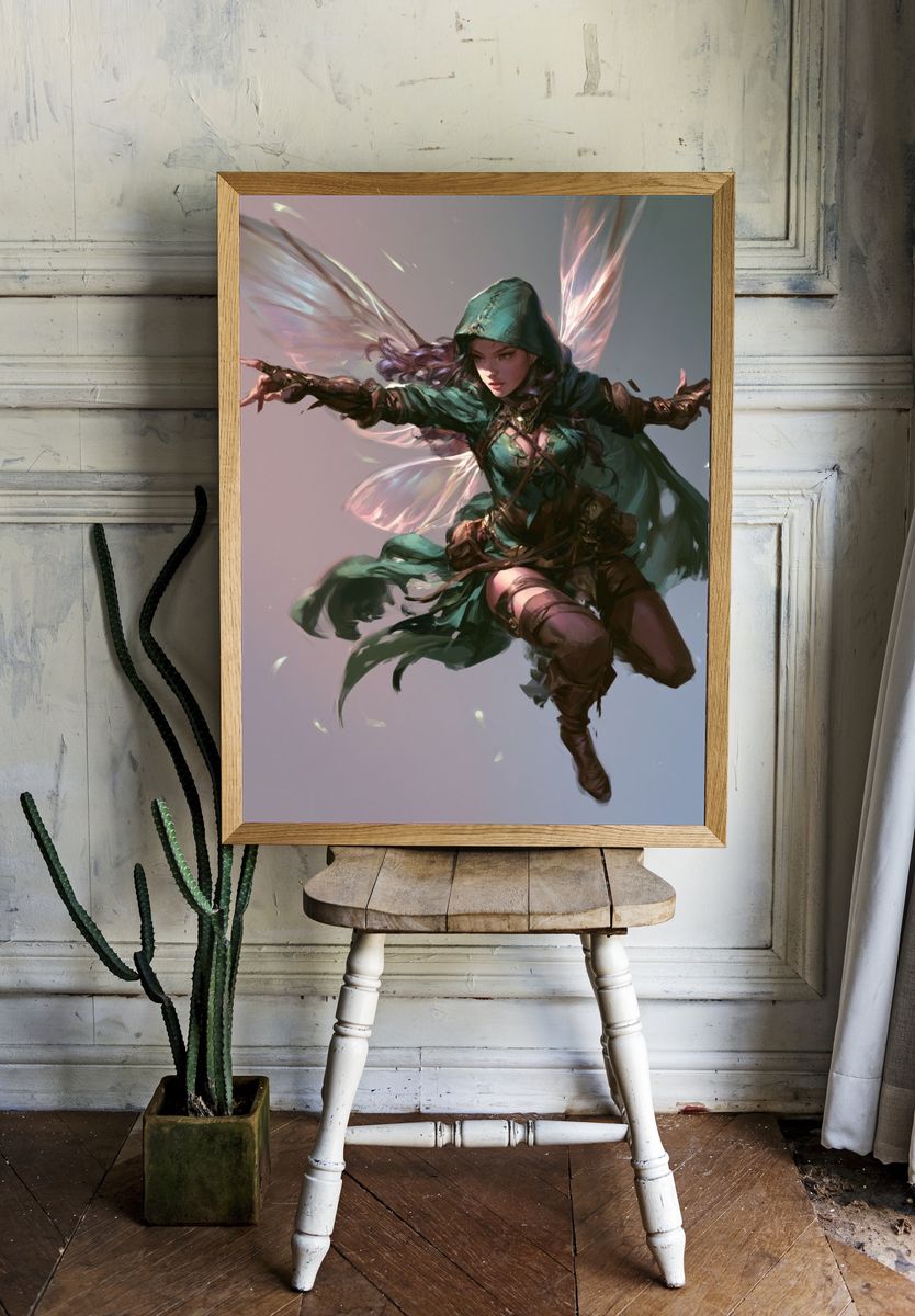 Winged Hooded Warrior Fantasy Print. room preview