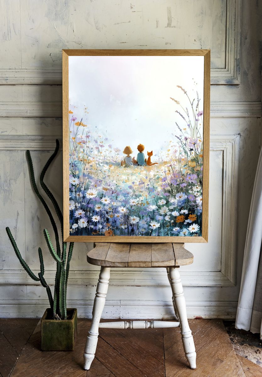 Children in Flower Field Illustration Poster. — room view 1