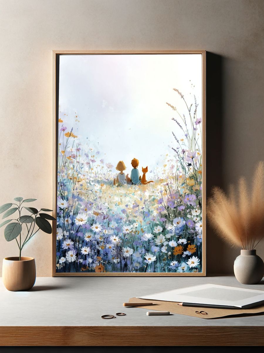 Children in Flower Field Illustration Poster. — room view 2