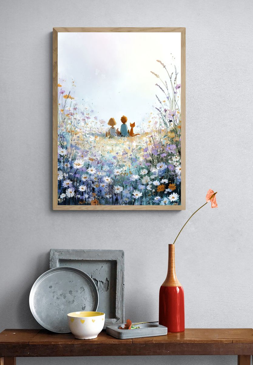 Children in Flower Field Illustration Poster. — room view 3