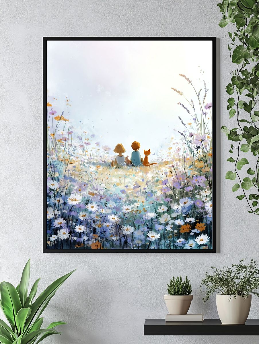 Children in Flower Field Illustration Poster. — room view 4