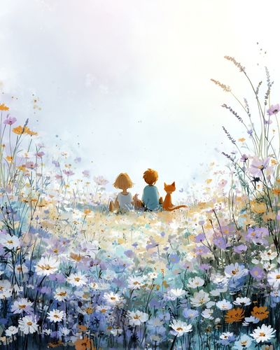 Children in Flower Field Illustration Poster. poster