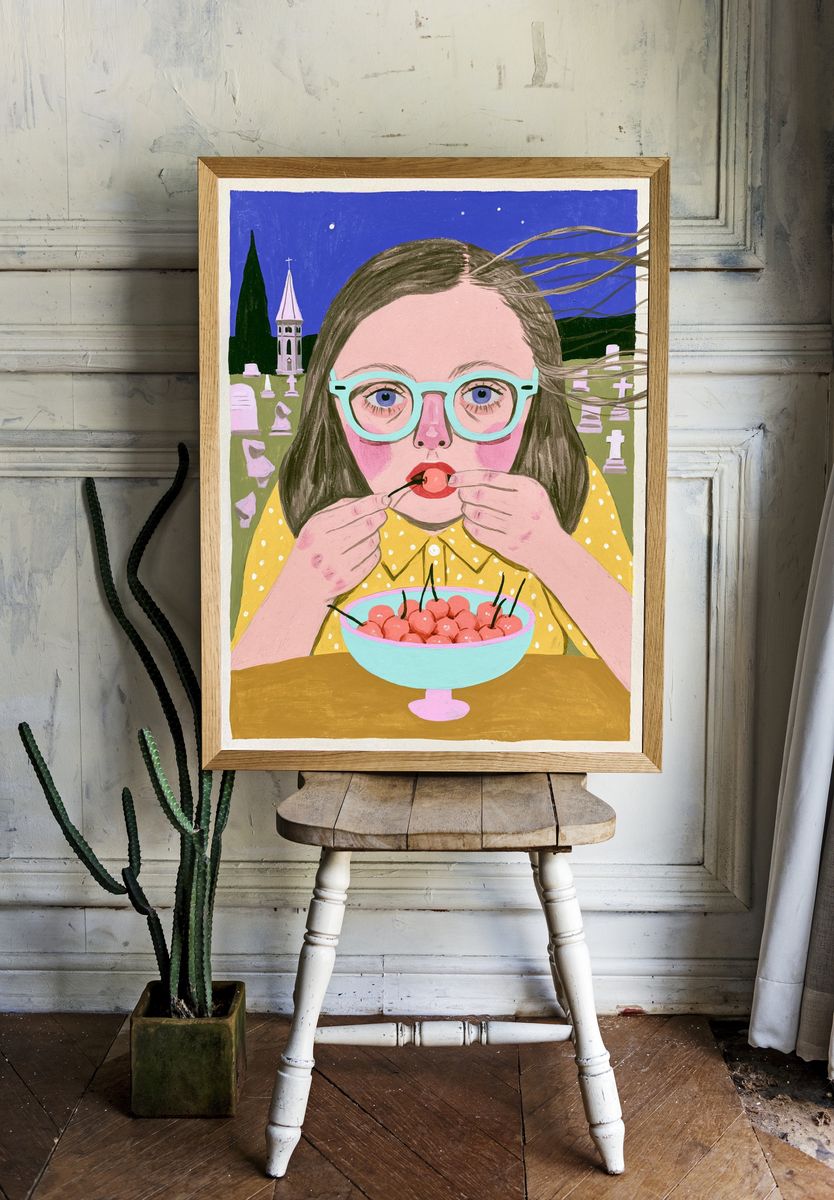 Girl with Cherries Illustration Poster. room preview