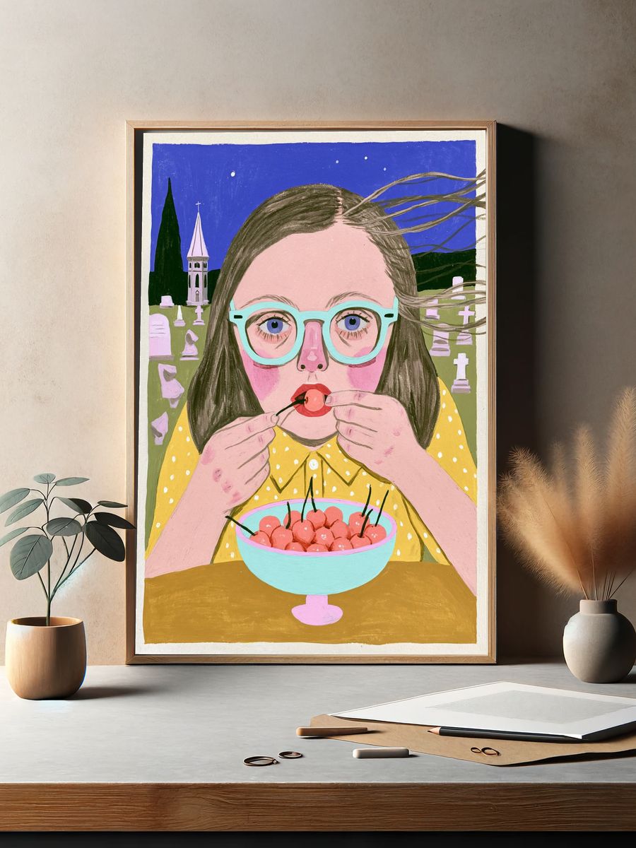 Girl with Cherries Illustration Poster. — room view 2
