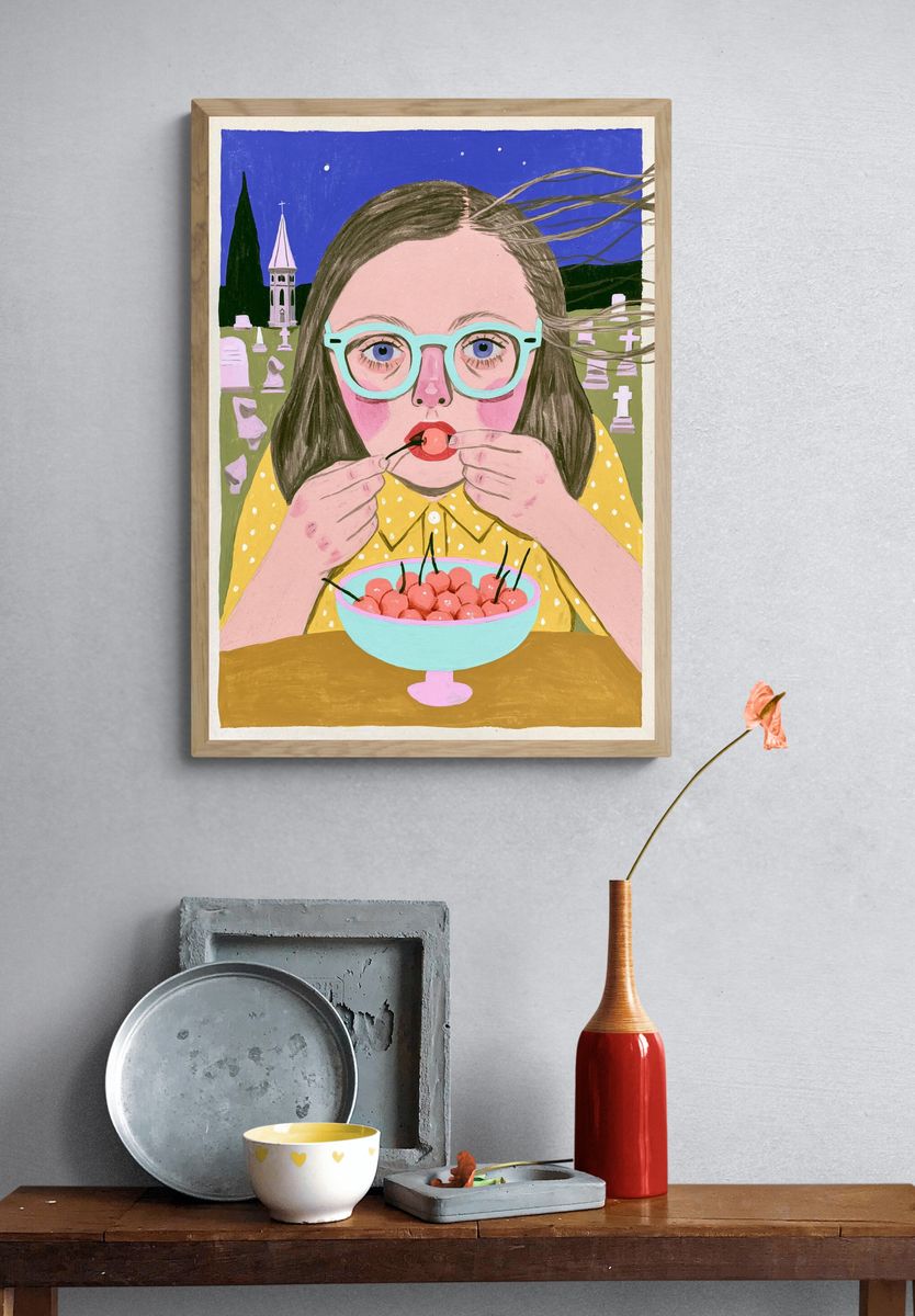Girl with Cherries Illustration Poster. — room view 3