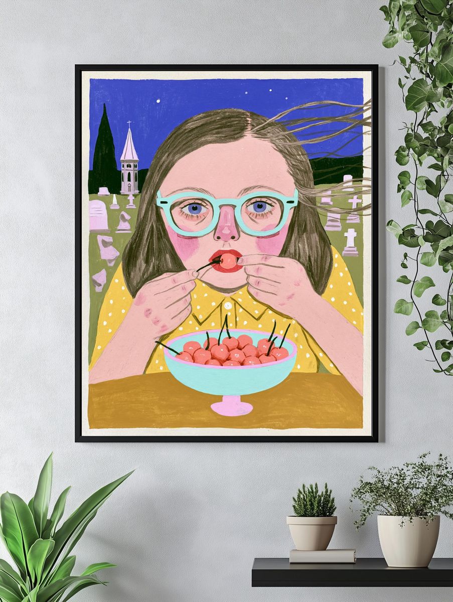 Girl with Cherries Illustration Poster. — room view 4