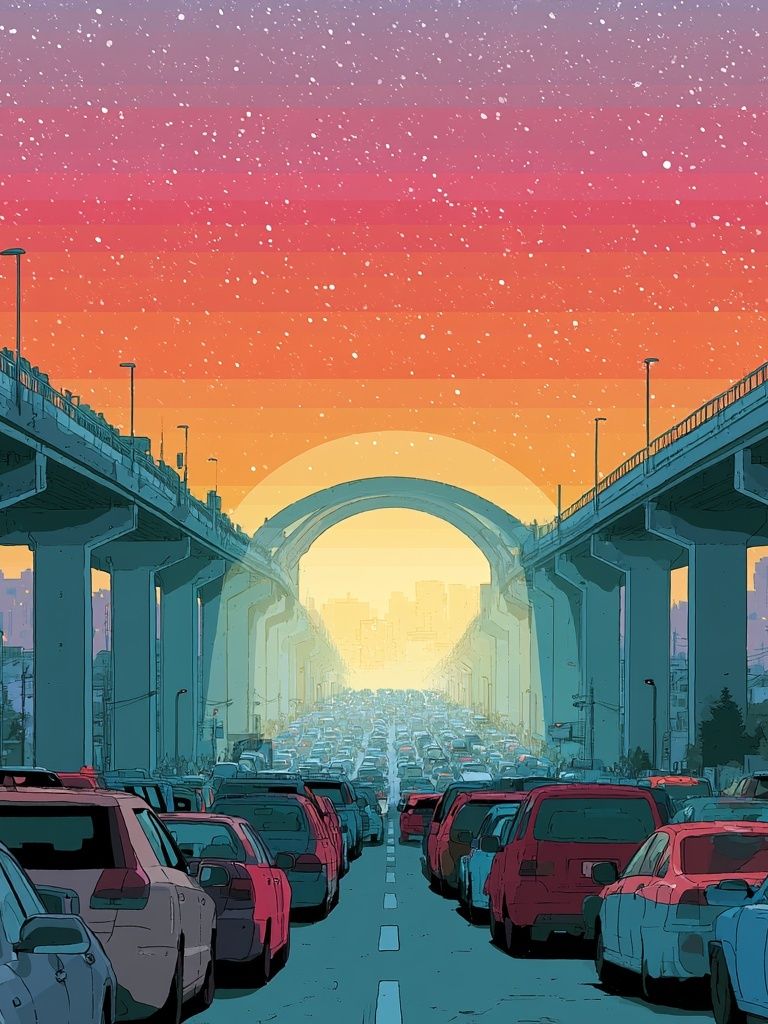 Sunset Highway Traffic Illustration Poster. poster detail
