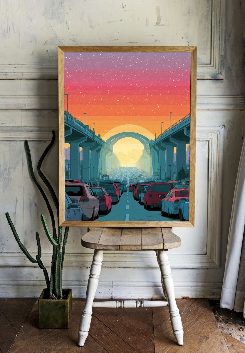 Sunset Highway Traffic Illustration Poster. — room view 1