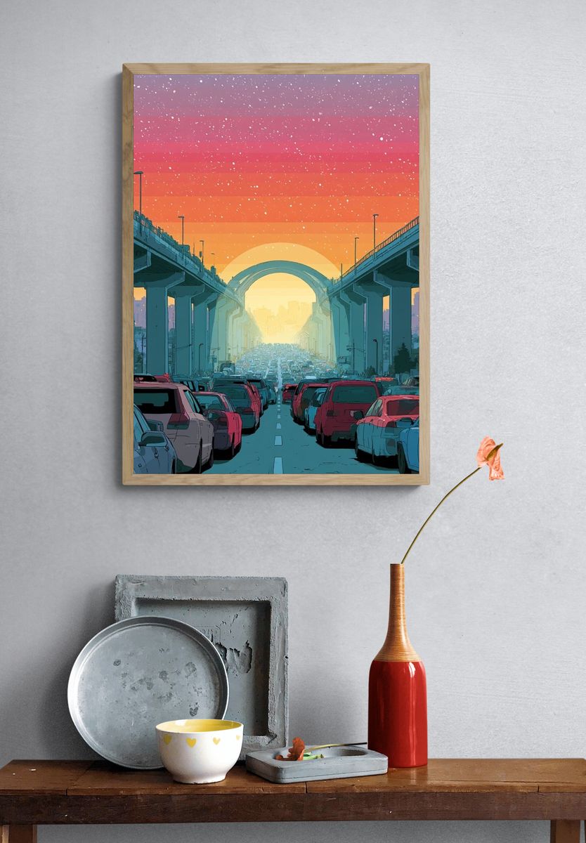 Sunset Highway Traffic Illustration Poster. — room view 3