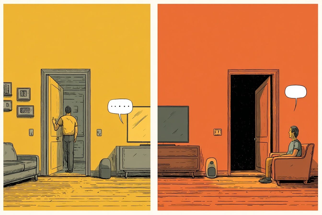 Split Room Conversation Illustration Poster. poster detail