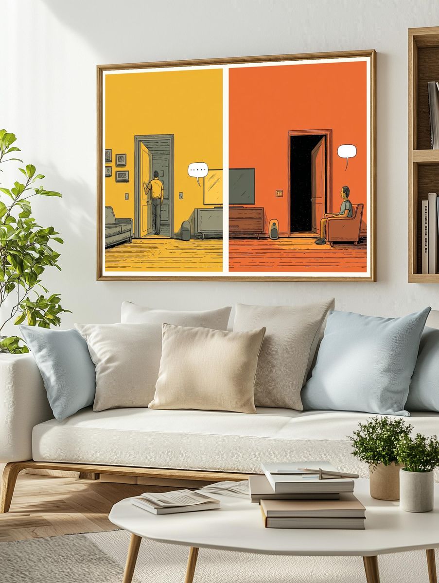 Split Room Conversation Illustration Poster. — room view 2