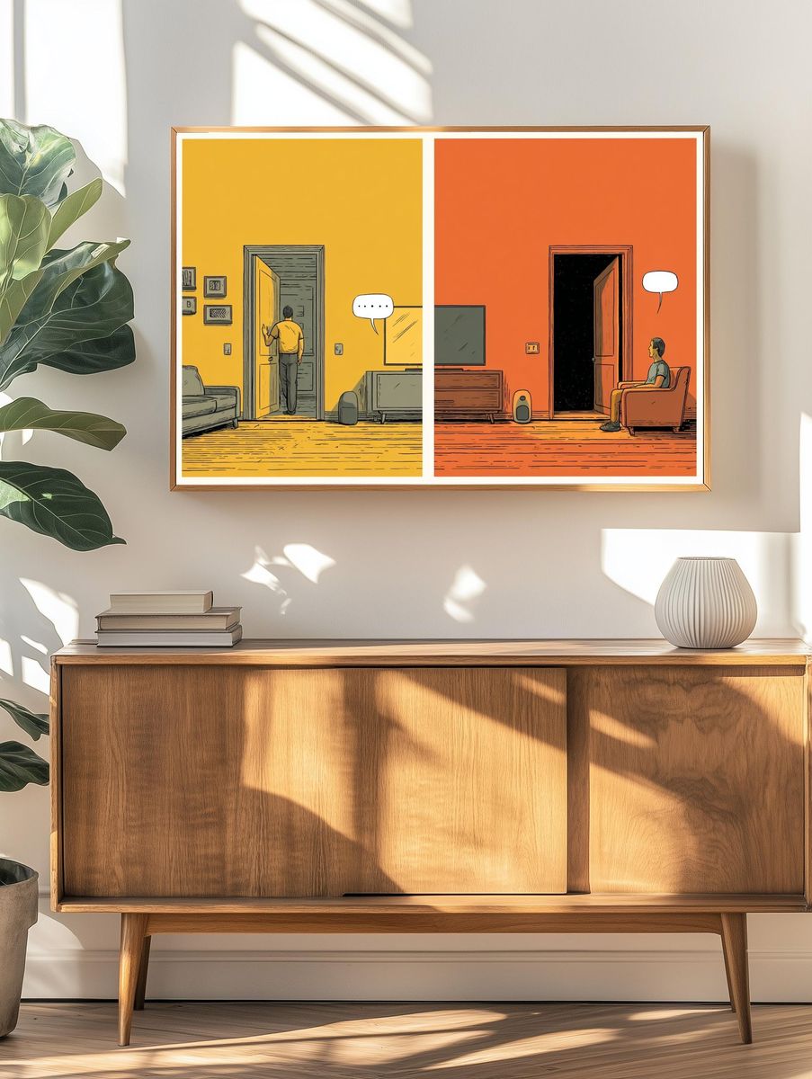 Split Room Conversation Illustration Poster. — room view 3