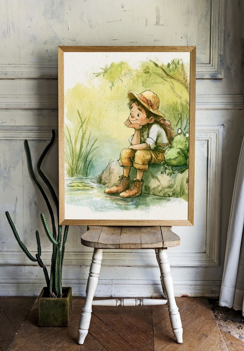 Girl and Frog Watercolor Print. — room view 1