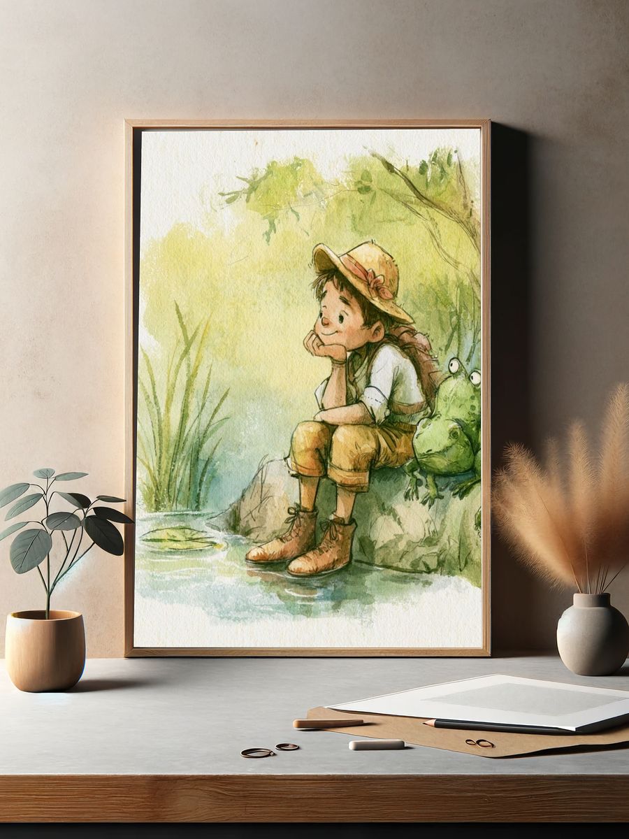 Girl and Frog Watercolor Print. — room view 2