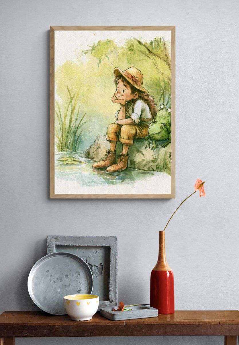 Girl and Frog Watercolor Print. — room view 3
