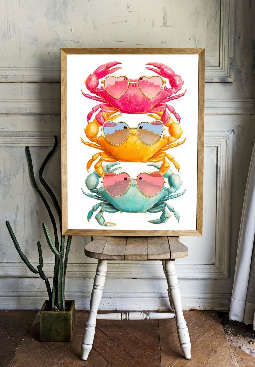 Colorful Sunglasses Crabs Illustration Poster. — room view 1