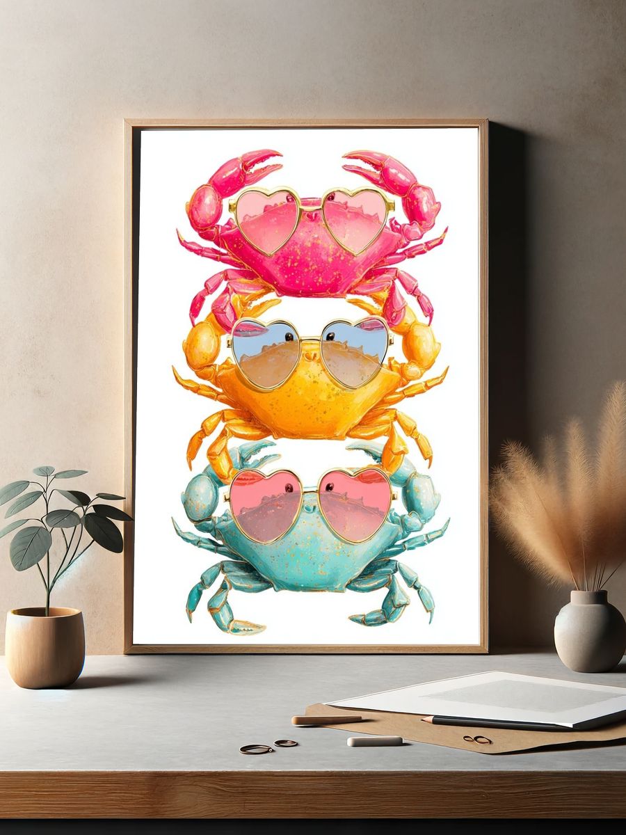 Colorful Sunglasses Crabs Illustration Poster. — room view 2