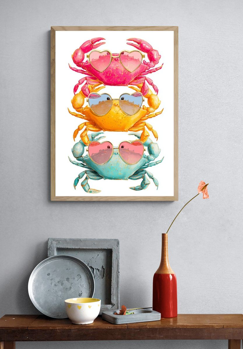Colorful Sunglasses Crabs Illustration Poster. — room view 3