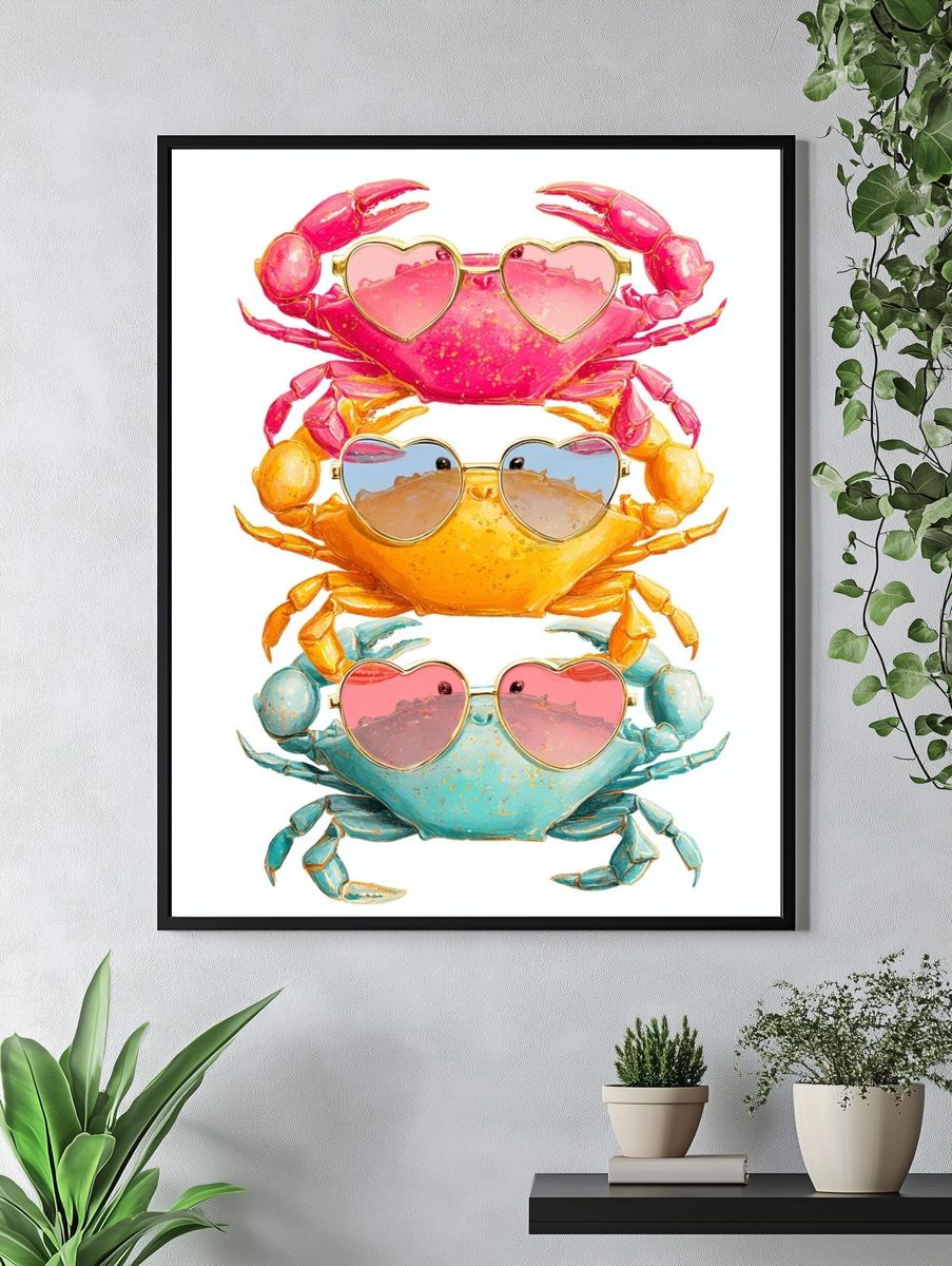 Colorful Sunglasses Crabs Illustration Poster. — room view 4