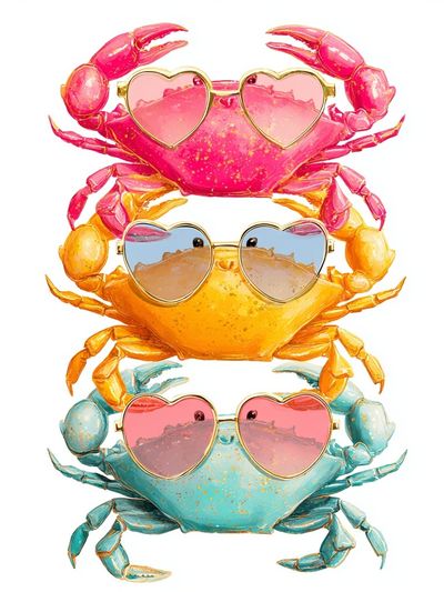 Colorful Sunglasses Crabs Illustration Poster.