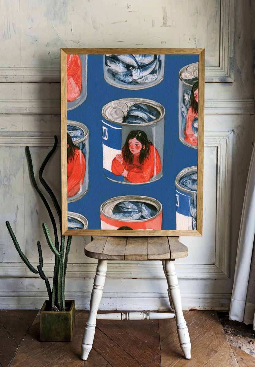 Canned Girl and Fish Illustration Poster. room preview