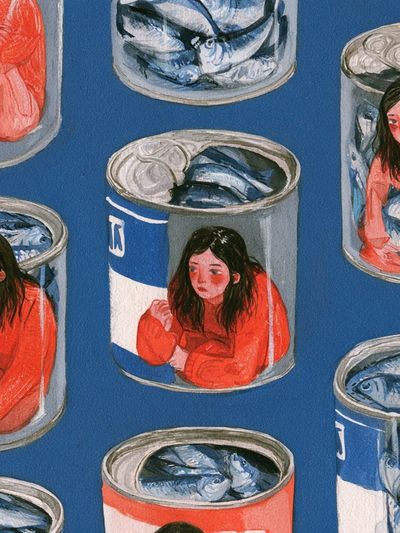 Canned Girl and Fish Illustration Poster. poster
