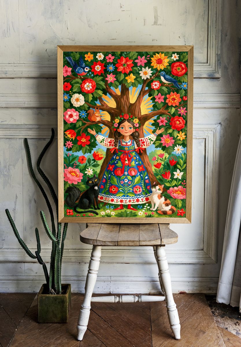Folk Garden Girl Illustration Poster. room preview