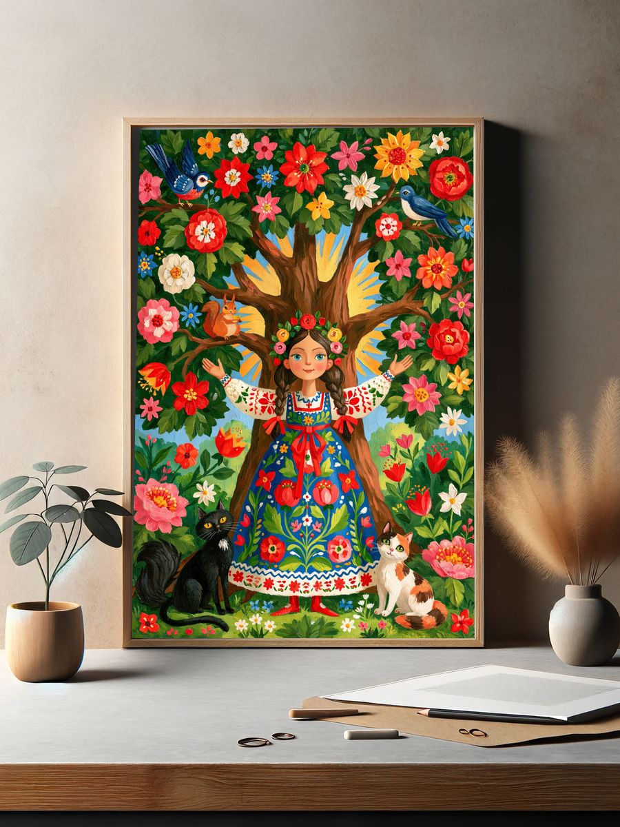 Folk Garden Girl Illustration Poster. — room view 2
