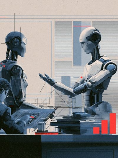 Human and Robots Digital Art Poster.