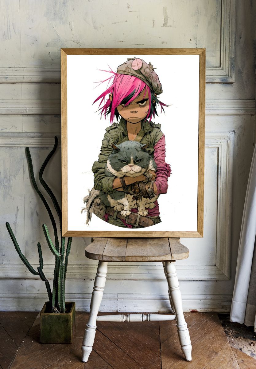 Punk Girl with Cat Illustration Poster. room preview