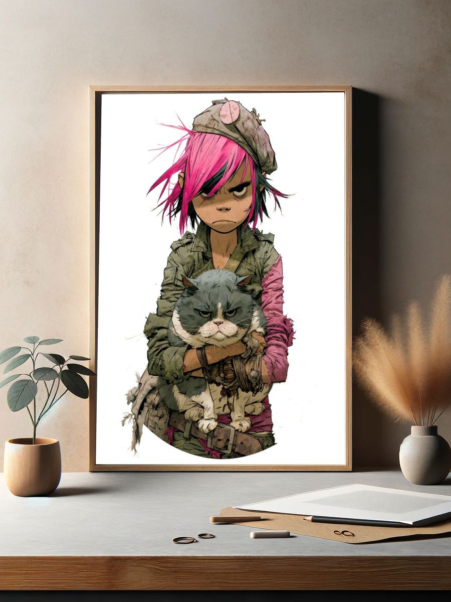 Punk Girl with Cat Illustration Poster. — room view 2