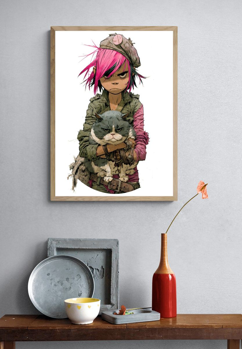 Punk Girl with Cat Illustration Poster. — room view 3