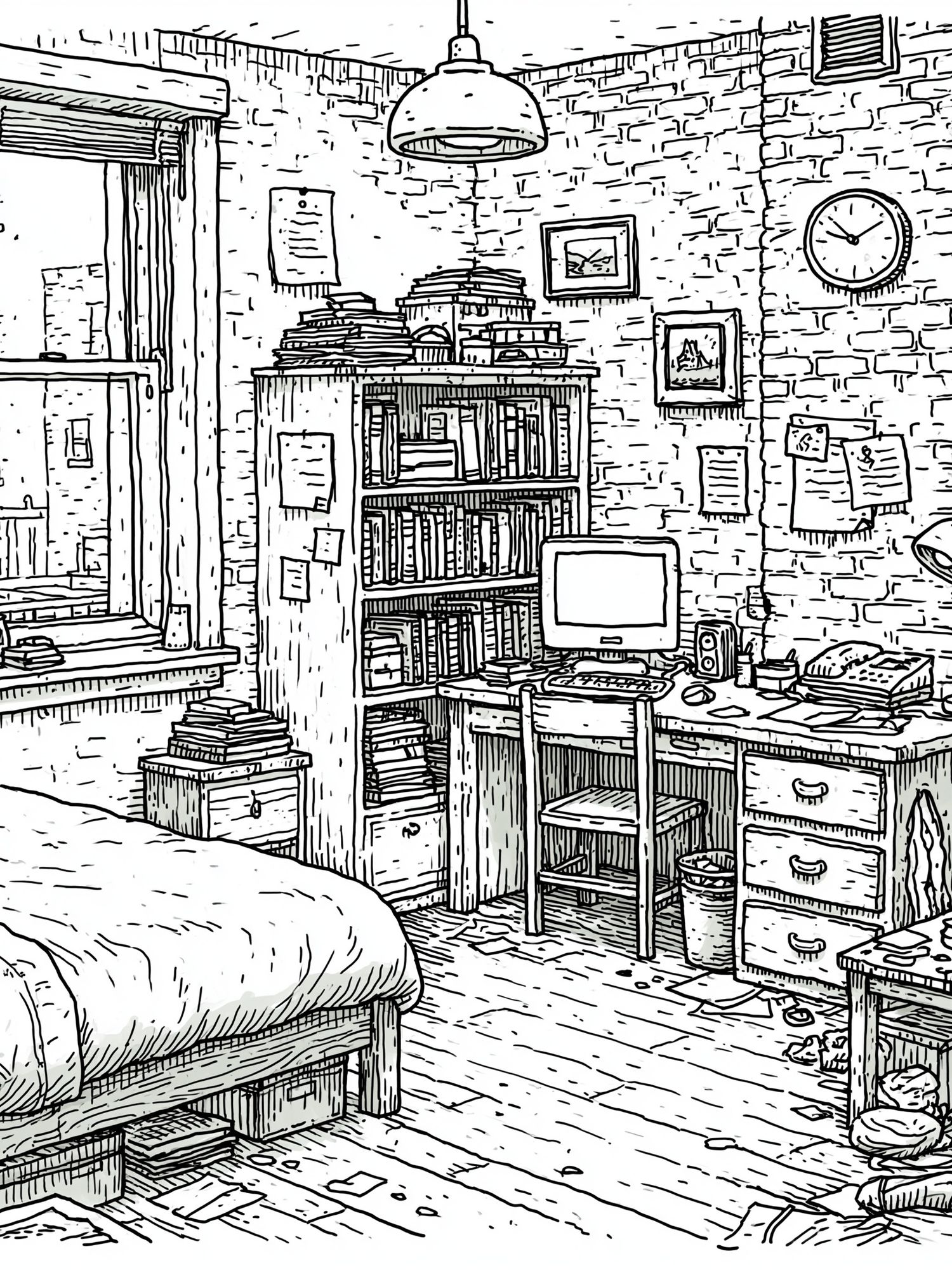 Cozy Brick Loft Study Illustration Print. poster detail