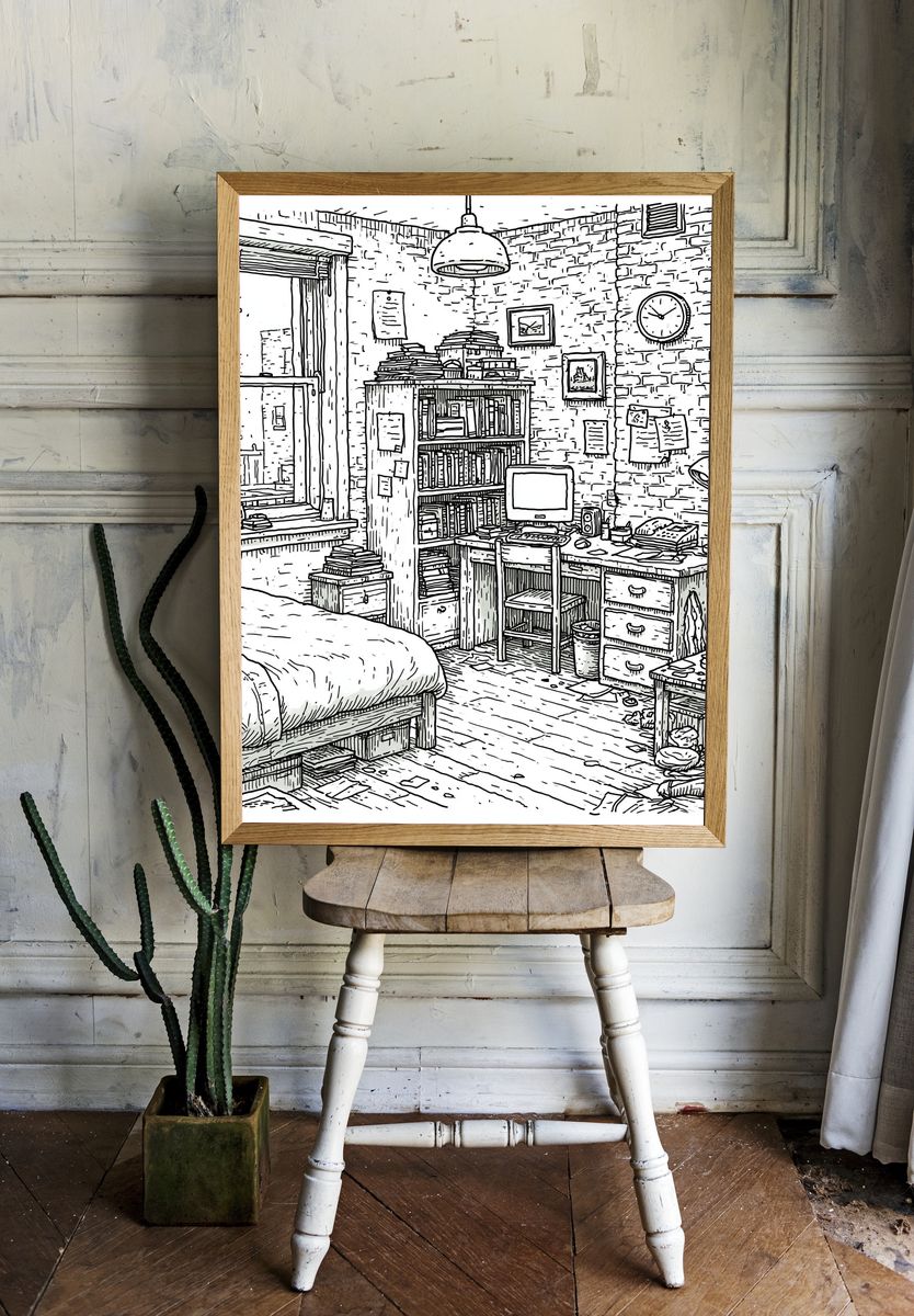 Cozy Brick Loft Study Illustration Print. — room view 1