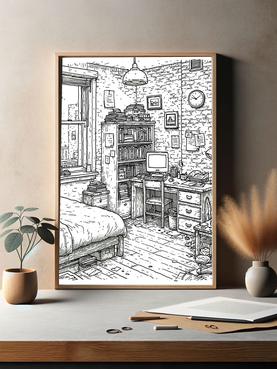 Cozy Brick Loft Study Illustration Print. — room view 2
