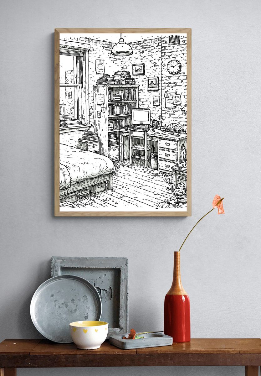 Cozy Brick Loft Study Illustration Print. — room view 3