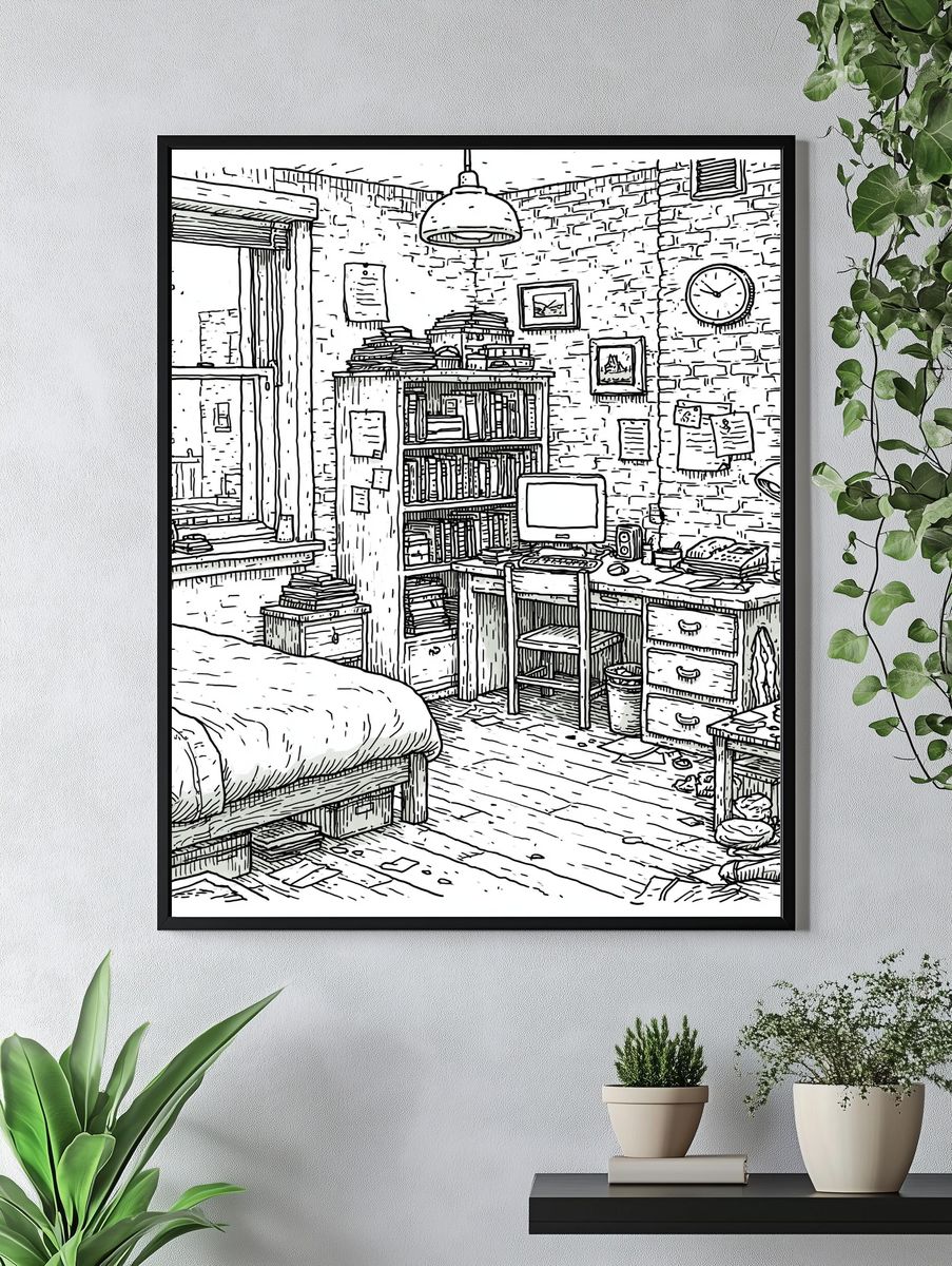 Cozy Brick Loft Study Illustration Print. — room view 4