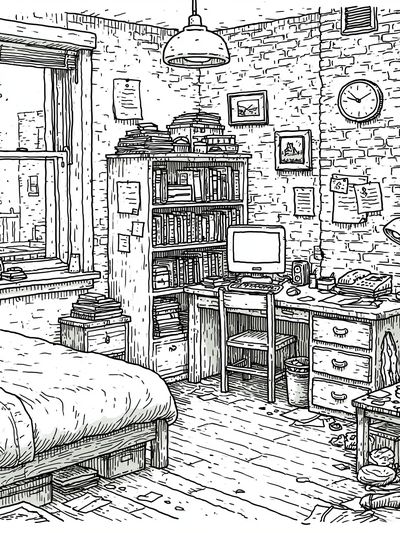 Cozy Brick Loft Study Illustration Print.
