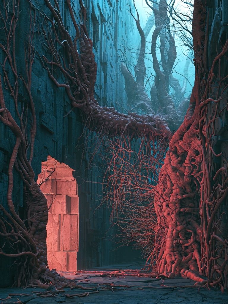 Bioluminescent Canyon Digital Art Poster. poster detail