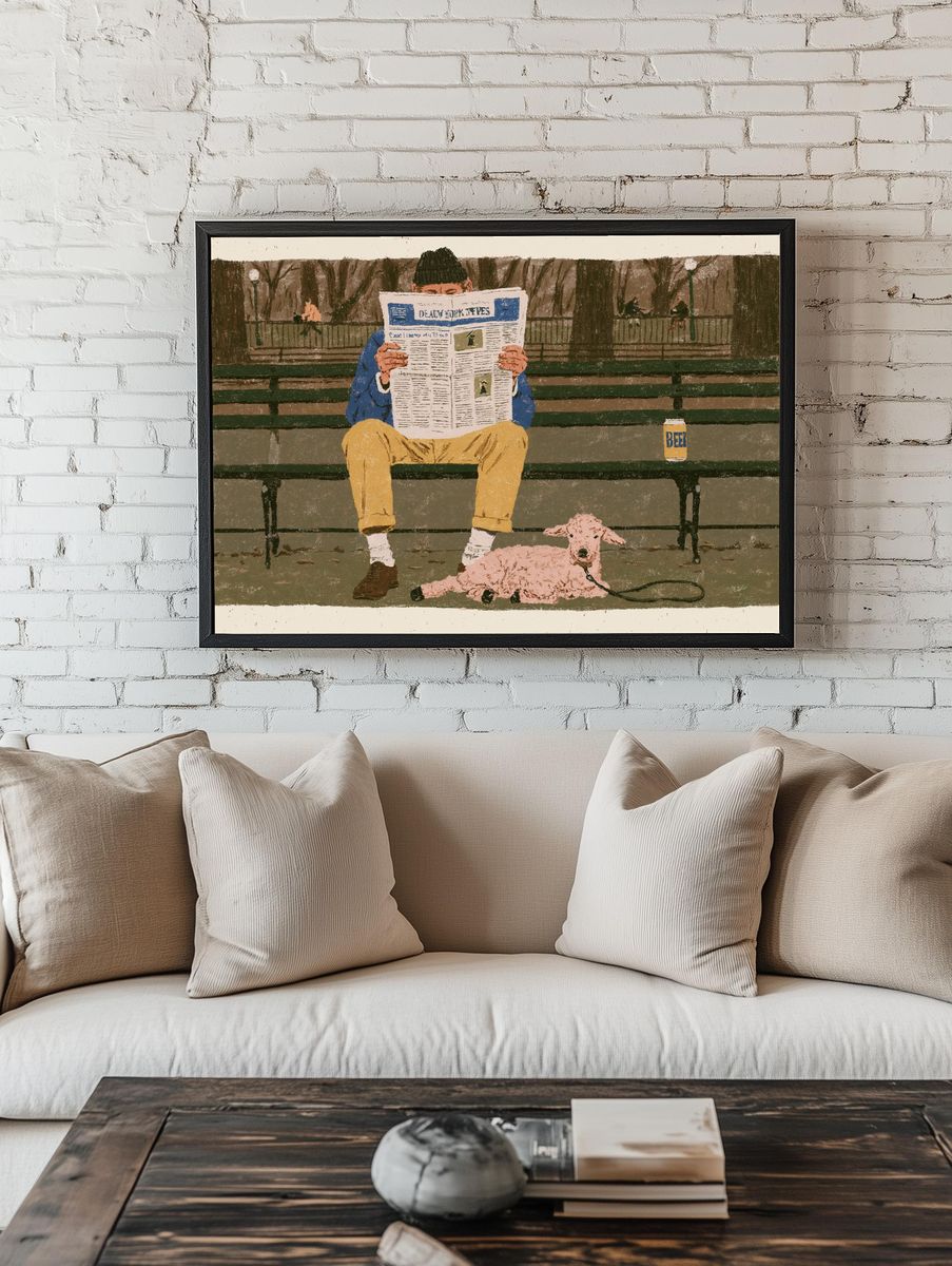 Park Bench Reader Illustration Print. room preview