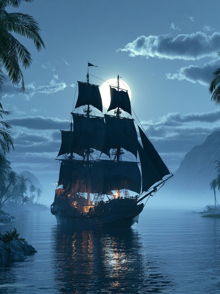 Moonlit Pirate Ship Poster. poster — illustration art