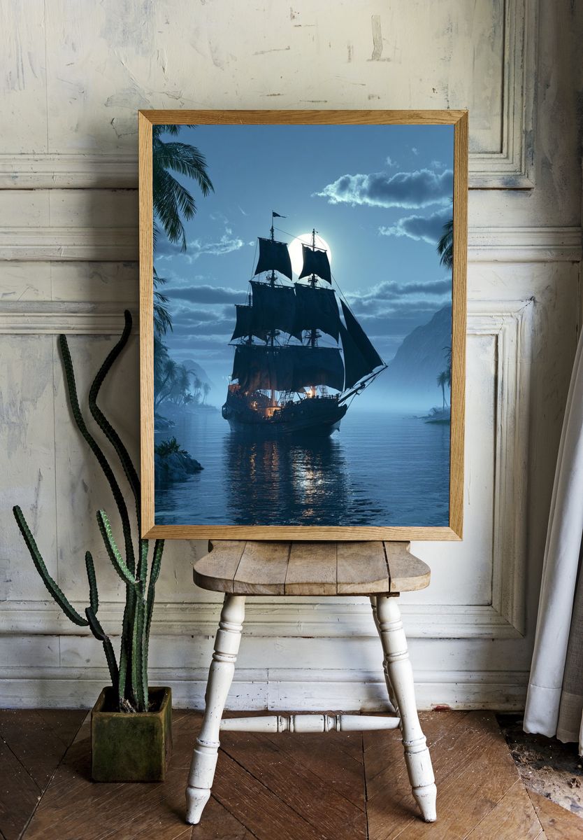 Moonlit Pirate Ship Poster. room preview