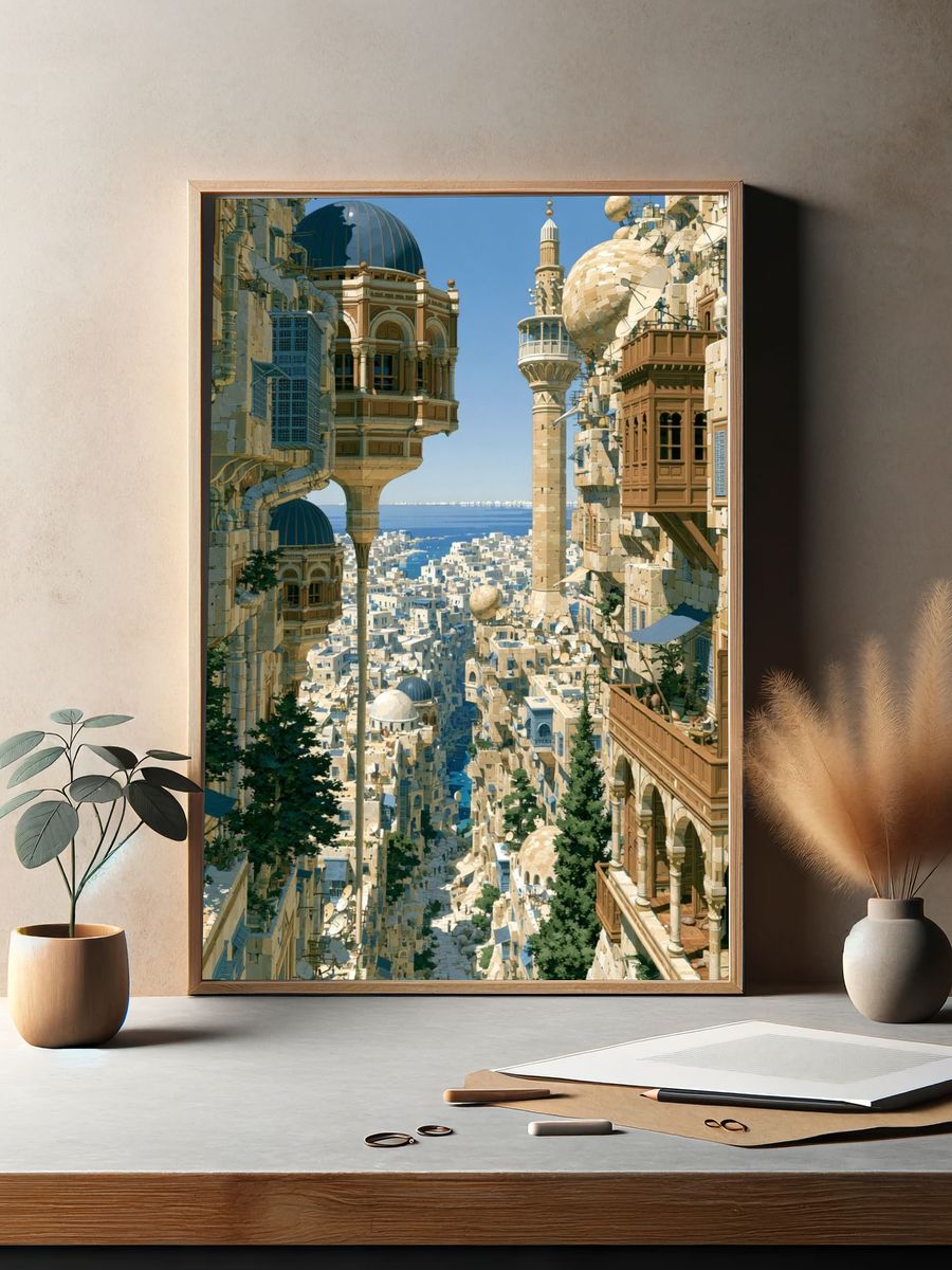 Mediterranean Cityscape Illustration Poster. — room view 2