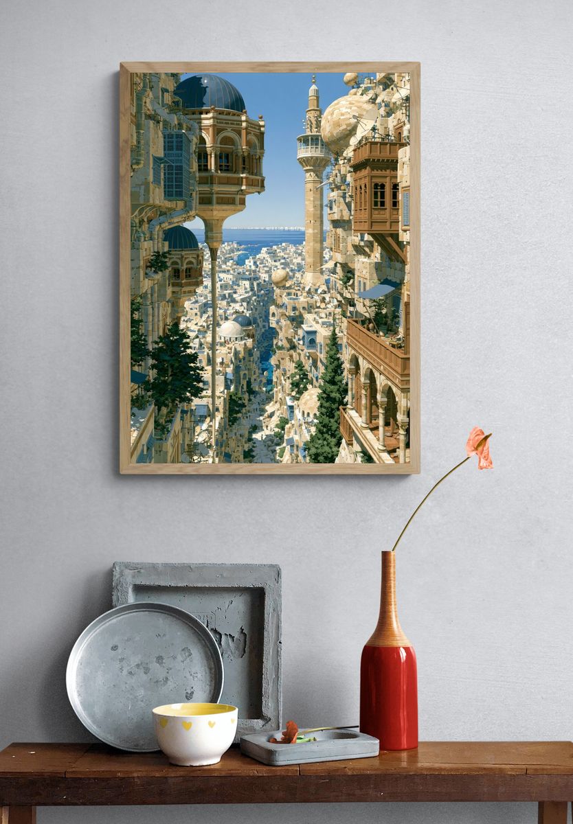 Mediterranean Cityscape Illustration Poster. — room view 3