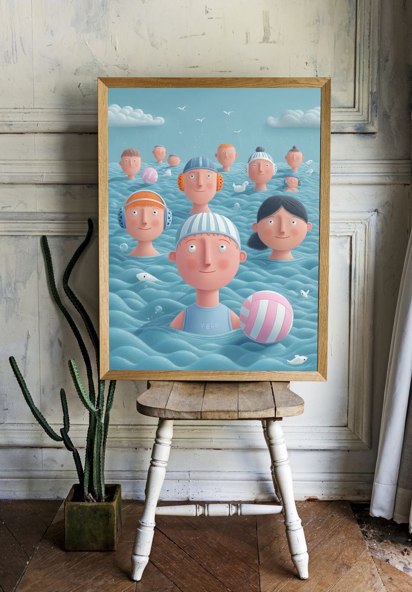 Floating Faces in Blue Sea Illustration Poster. — room view 1
