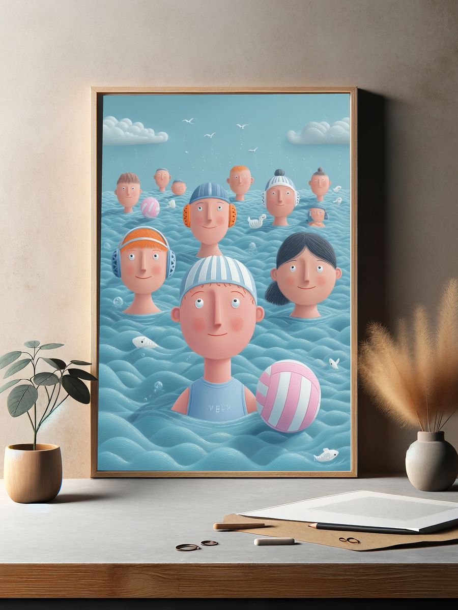 Floating Faces in Blue Sea Illustration Poster. — room view 2