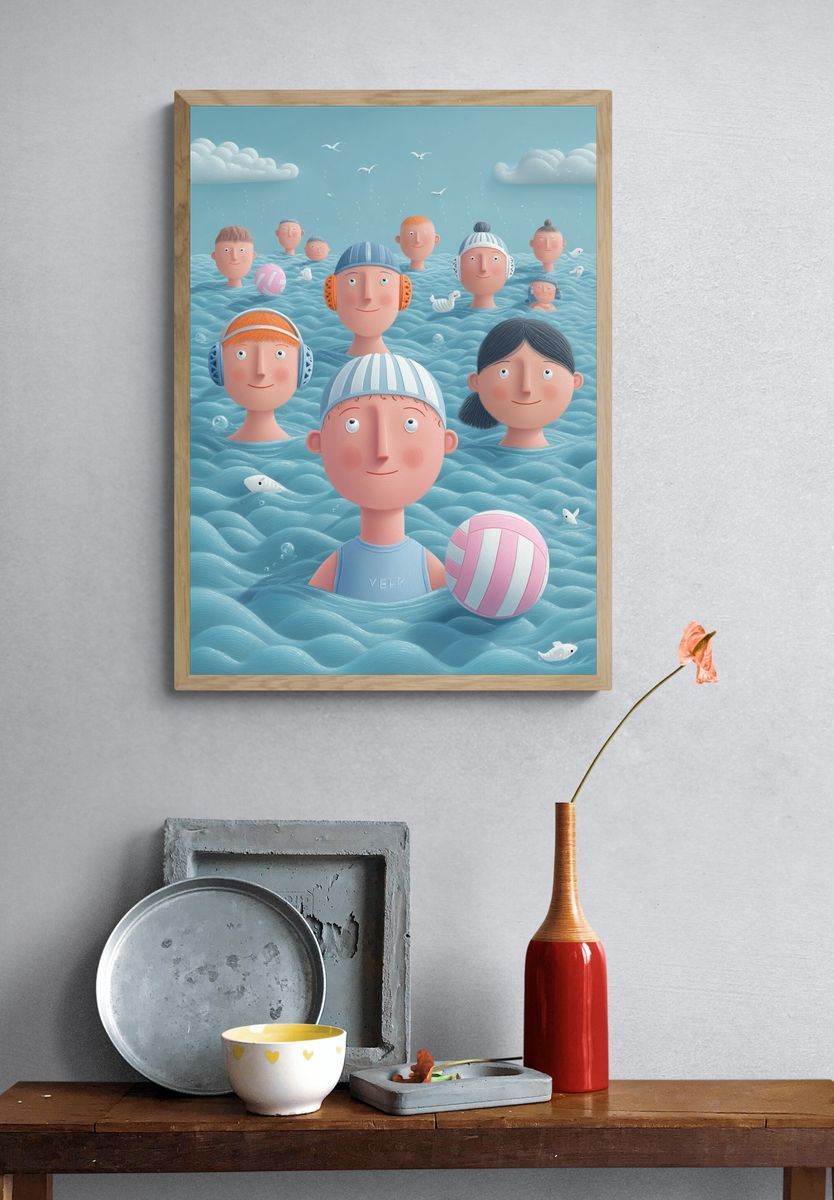 Floating Faces in Blue Sea Illustration Poster. — room view 3