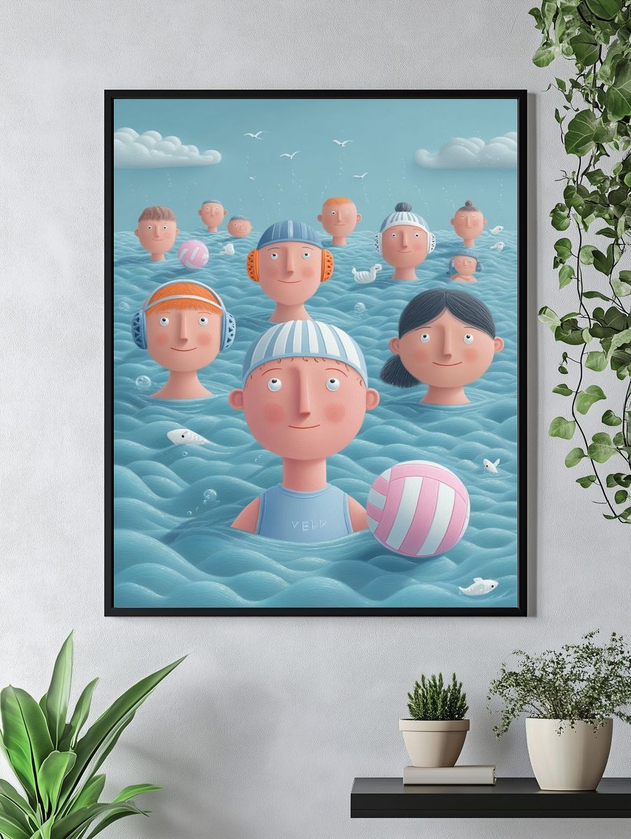 Floating Faces in Blue Sea Illustration Poster. — room view 4
