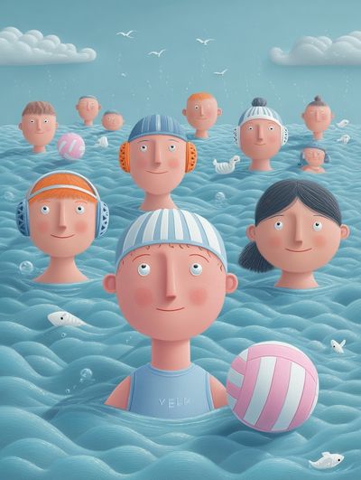 Floating Faces in Blue Sea Illustration Poster. poster print
